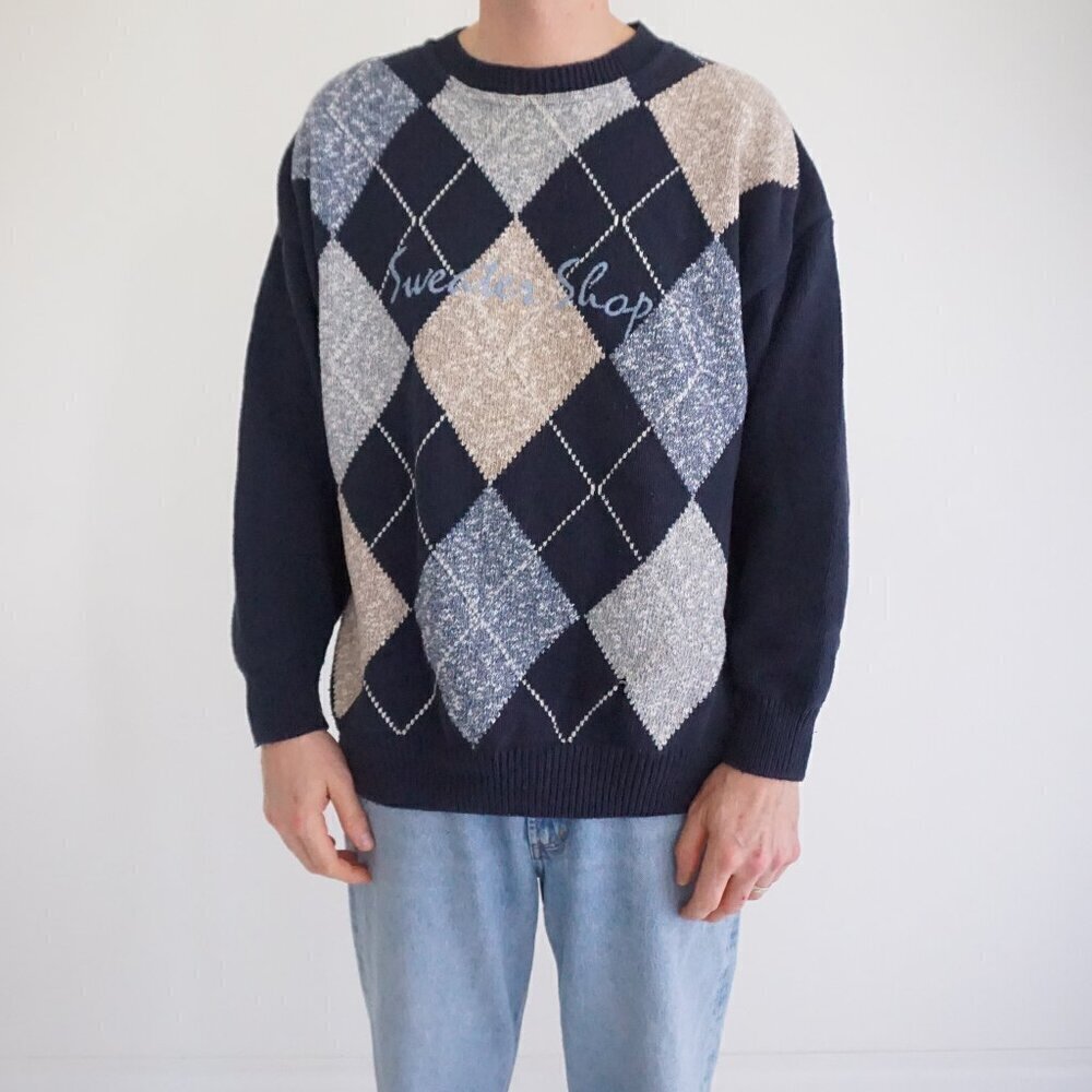 Vintage '90S Sweater Shop Navy Blue Argyle Knit Cotton Crewneck Sweater 2XL